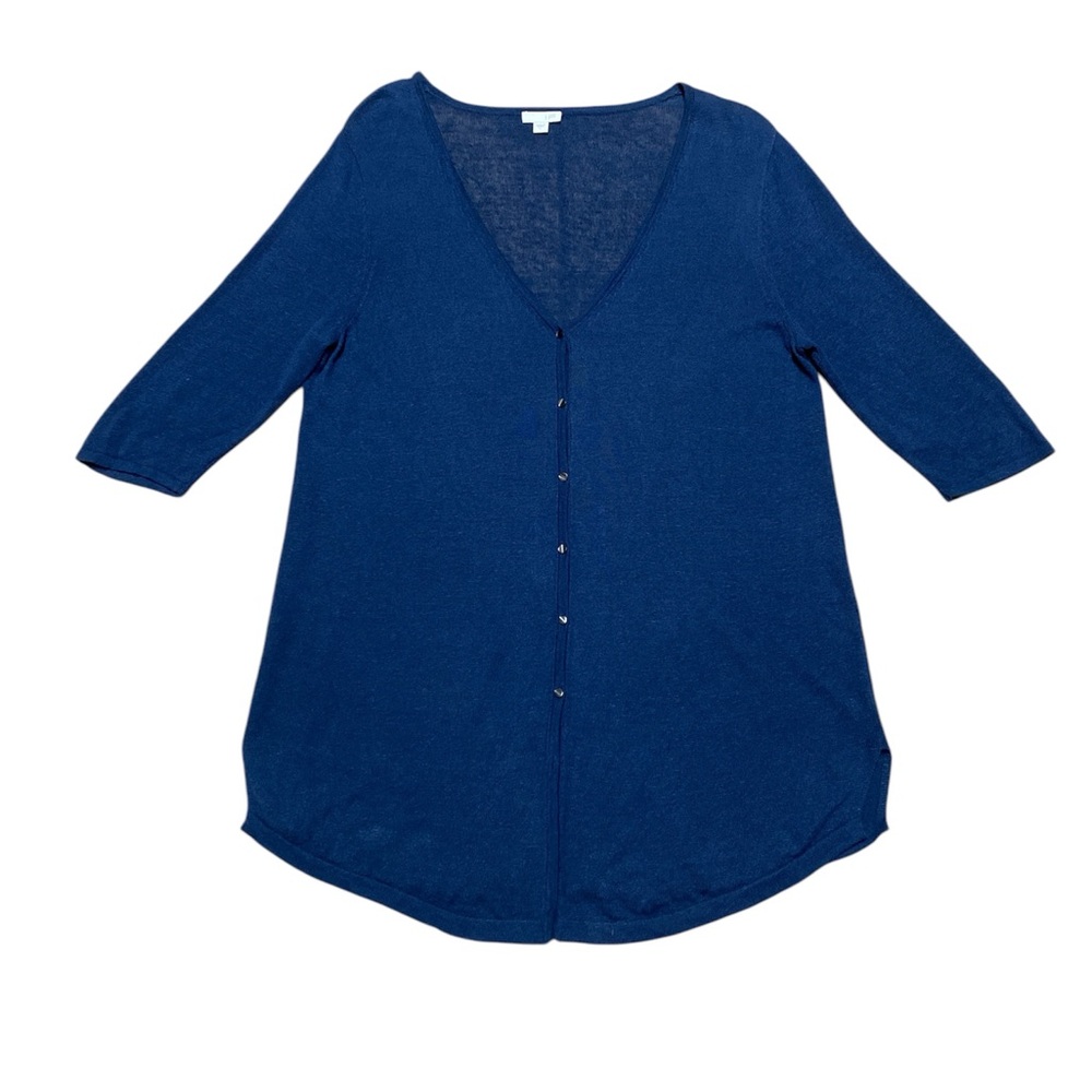 J Jill Linen Cardigan Women’s L Navy Blue Casual Button Down Short Sleeve Top